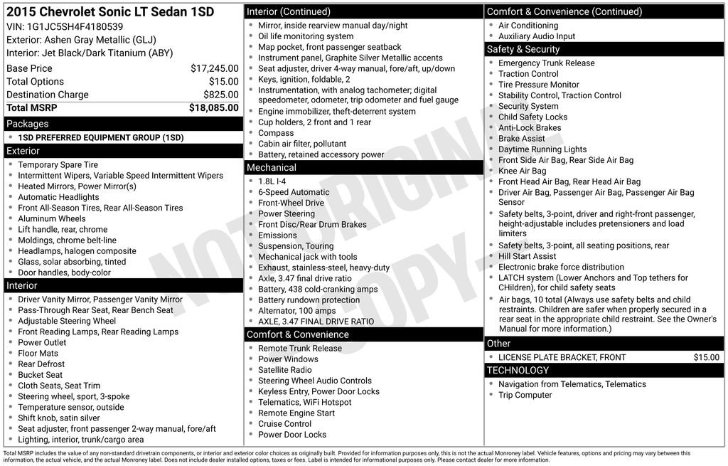 Used 2015 Chevrolet Sonic LT with VIN 1G1JC5SH4F4180539 for sale in Somersworth, NH