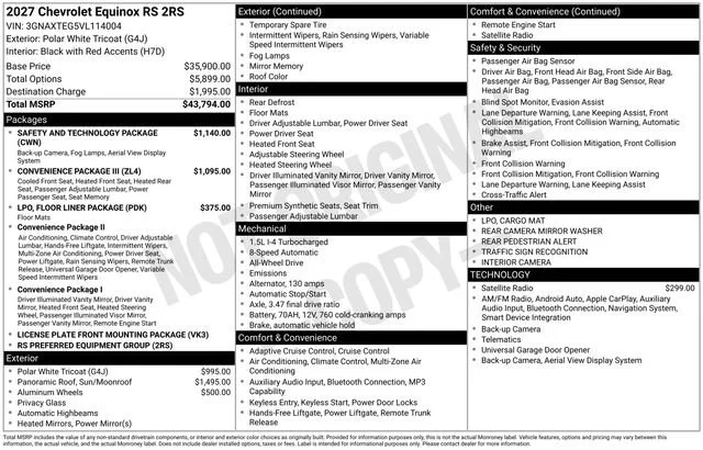 New 2027 Polar White Tricoat Chevrolet RS image 1