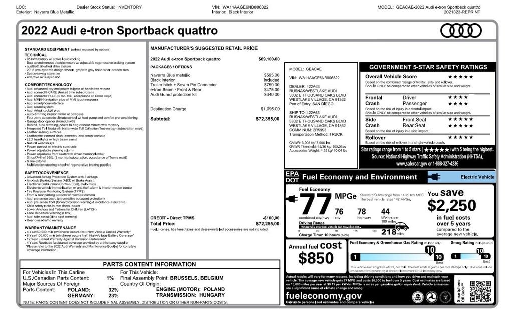 Used 2022 Audi e-tron Sportback Premium with VIN WA11AAGE6NB006822 for sale in Phoenix, AZ