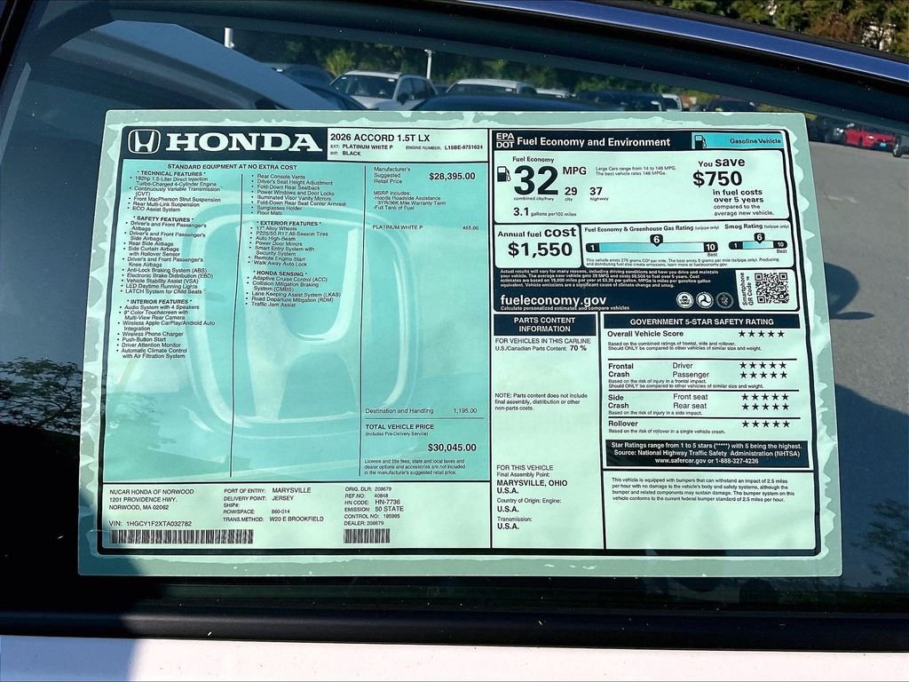 New 2026 Platinum White Pearl Honda LX image 16