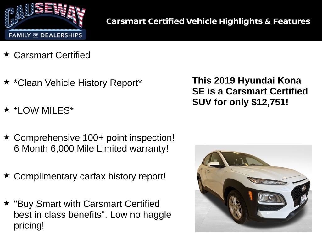 Certified 2019 Hyundai Kona SE with VIN KM8K12AA9KU302239 for sale in Stafford Township, NJ
