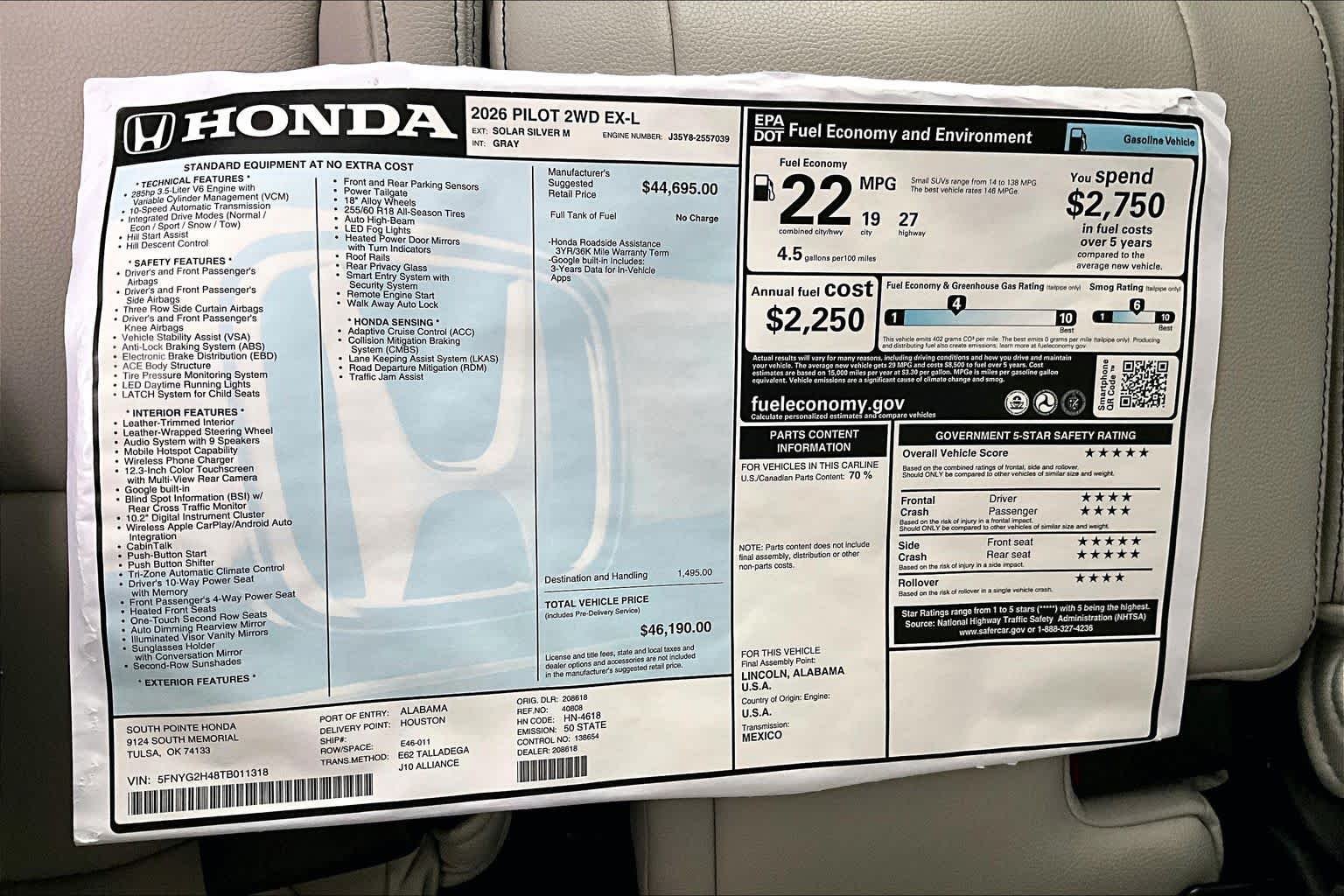 New 2026 Solar Silver Metallic Honda EX-L image 21