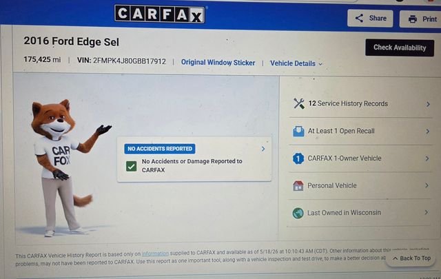 Used 2016 Ford Edge SEL with VIN 2FMPK4J80GBB17912 for sale in Evansville, WI