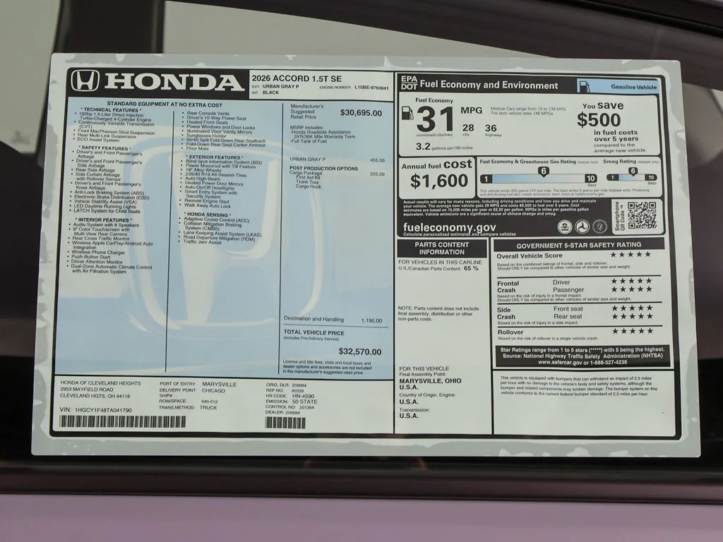 New 2026 Urban Gray Pearl Honda SE image 24