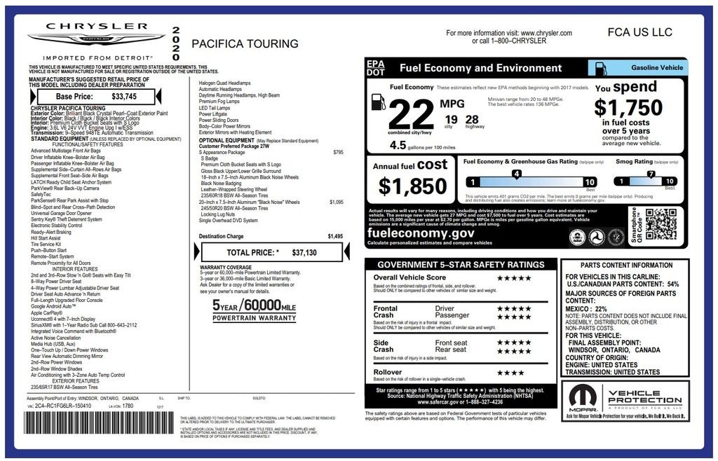 Used 2020 Brilliant Black Crystal Pearlcoat Chrysler Touring image 3