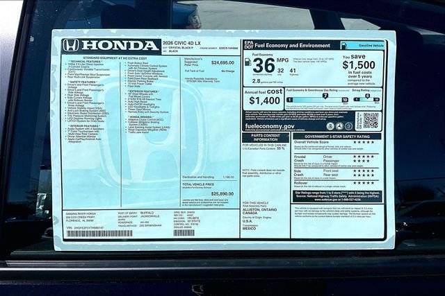 New 2026 Honda Civic LX 4D Sedan