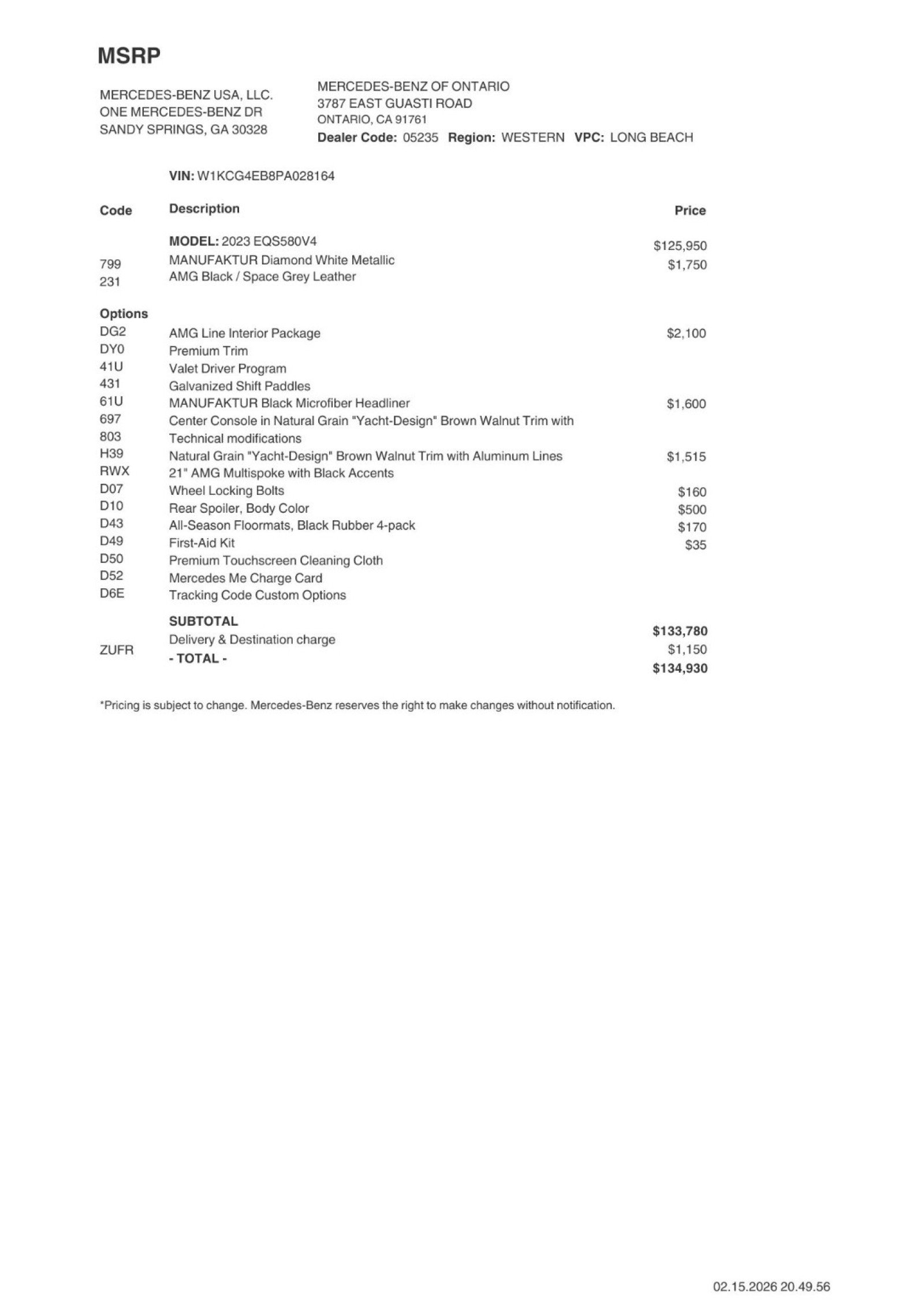 Certified 2023 Mercedes-Benz EQS Base with VIN W1KCG4EB8PA028164 for sale in Ontario, CA