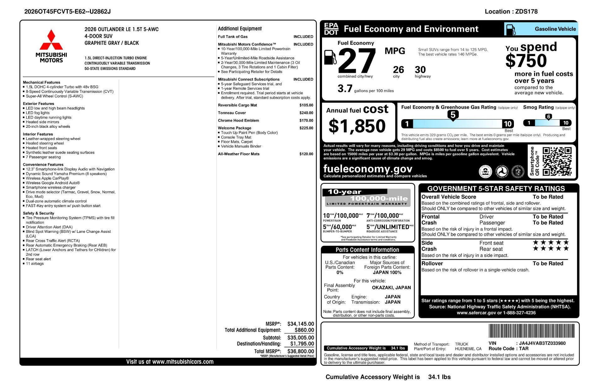 New 2026 Graphite Gray Mitsubishi LE 1.5T S-AWC image 11