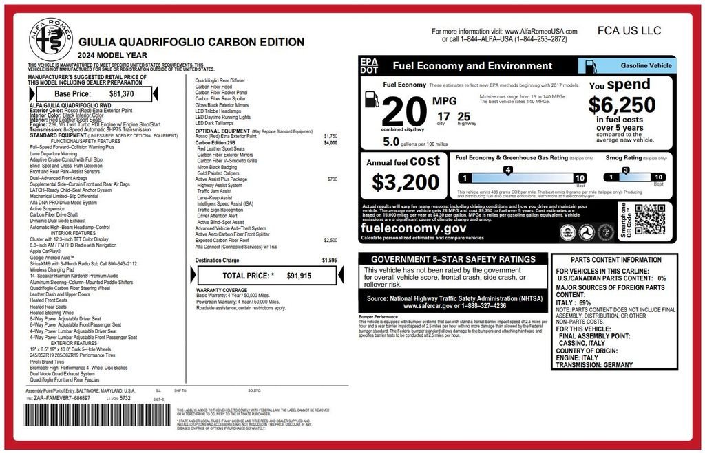 Used 2024 Alfa Romeo Giulia Quadrifoglio Carbon with VIN ZARFAMEV8R7686897 for sale in Kansas City