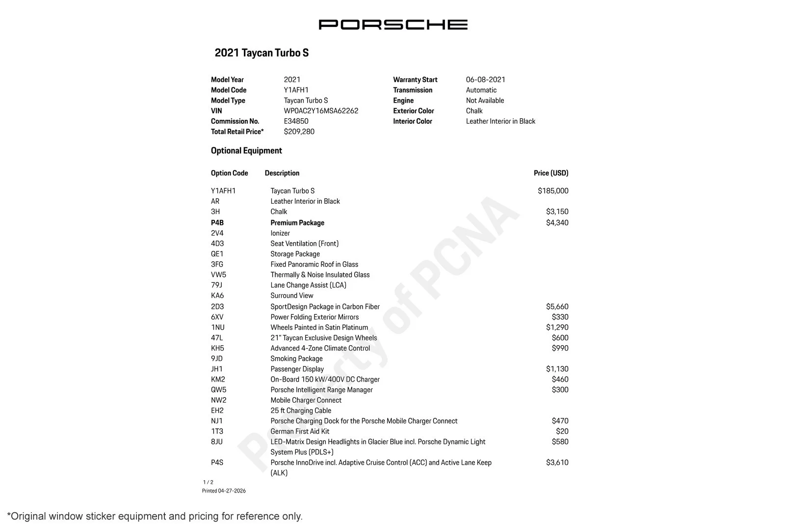 Used 2021 Porsche Taycan Turbo S with VIN WP0AC2Y16MSA62262 for sale in Newport Beach, CA