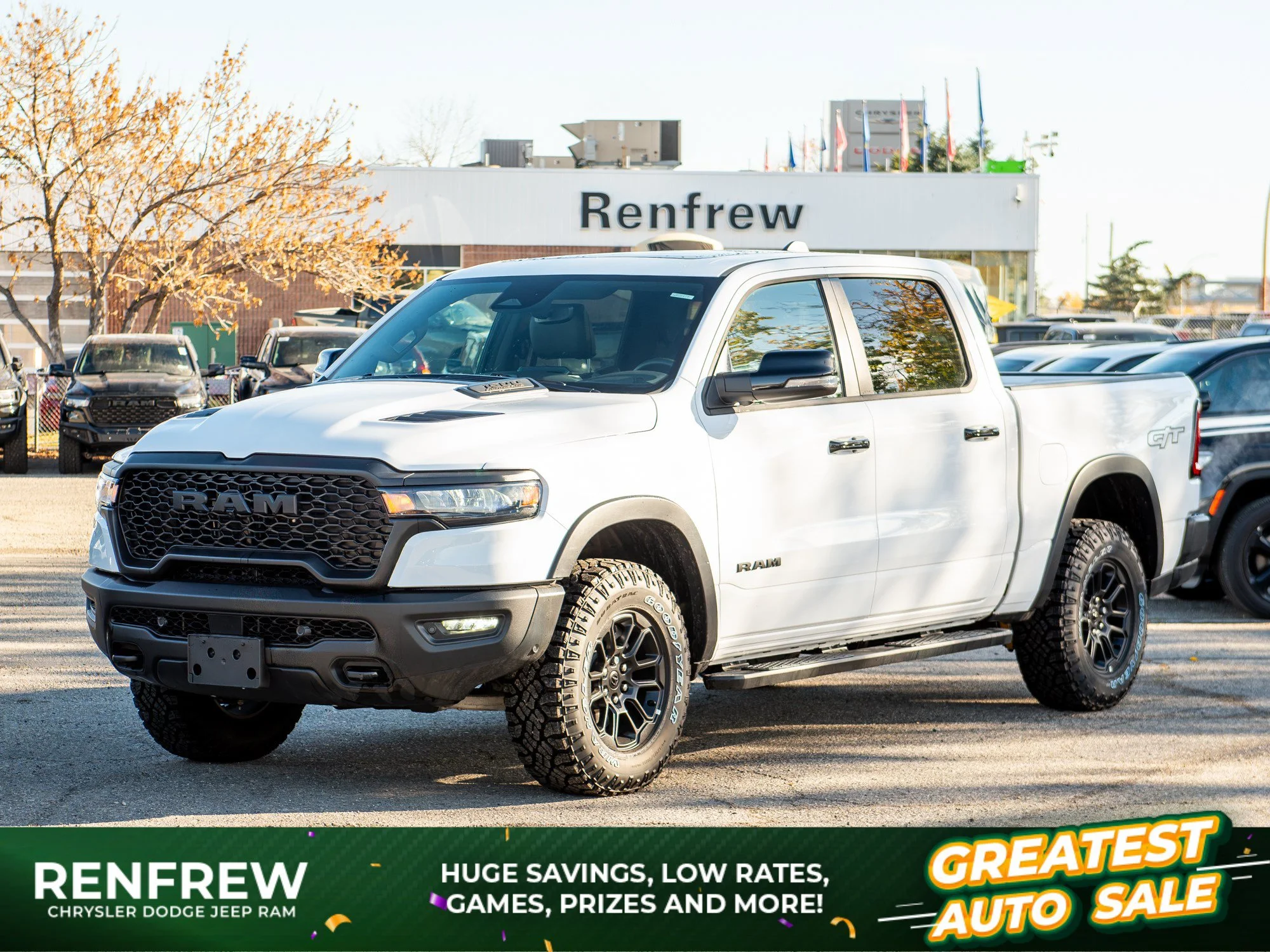 New 2026 White RAM Rebel G/T* Crew Cab 4x4, Pano Sunroof, Passive Cold End Exhaust, Passenger Screen image 1