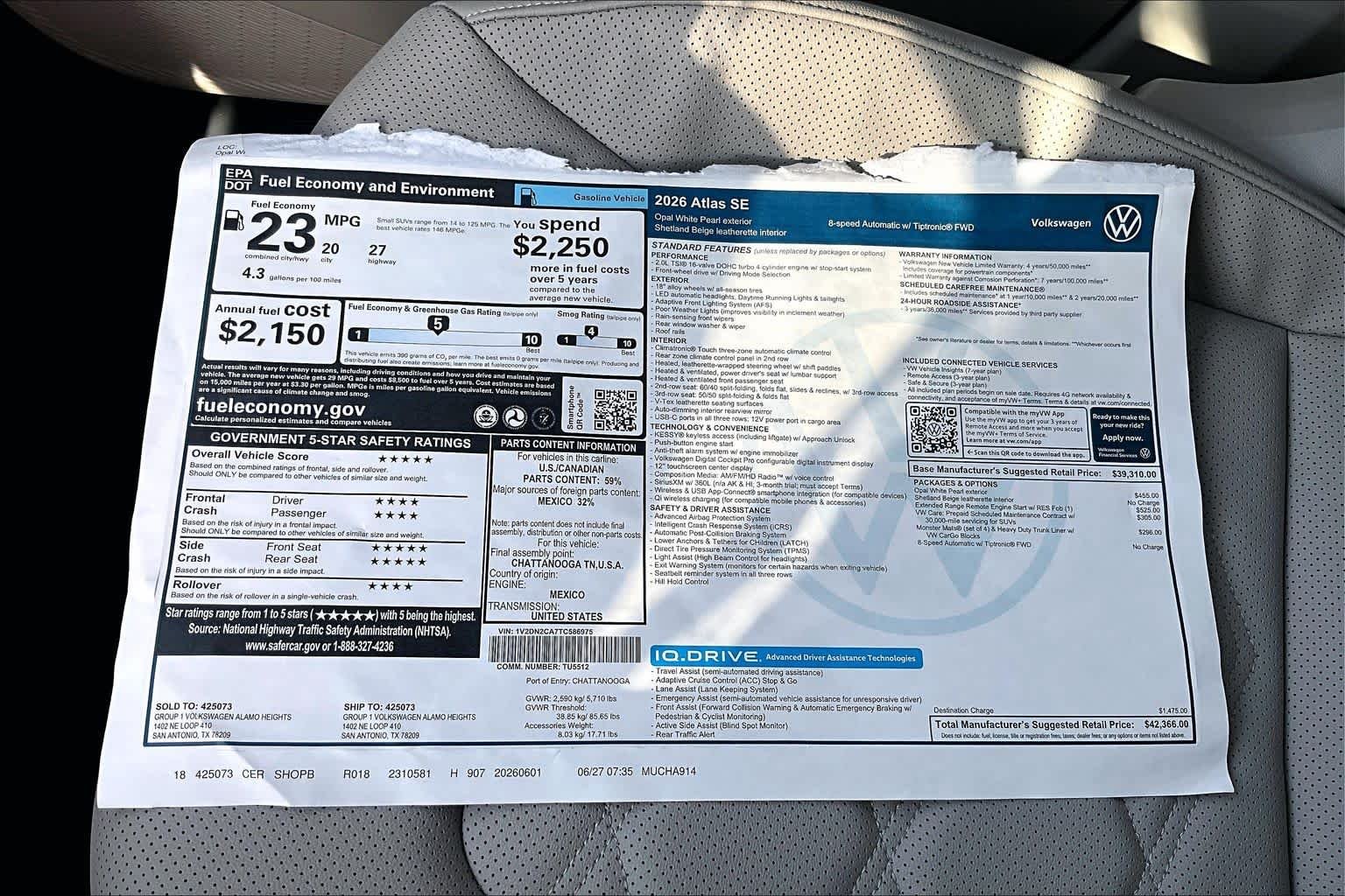 New 2026 Opal White Pearl Volkswagen 2.0T SE image 18