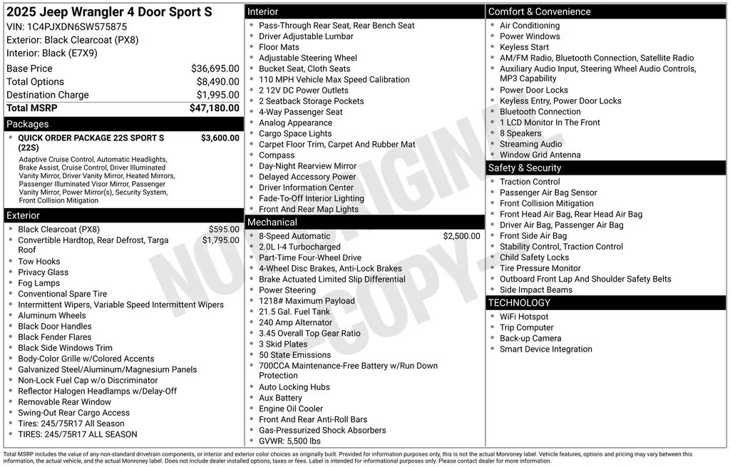 Used 2025 Jeep Wrangler 4-Door Sport S with VIN 1C4PJXDN6SW575875 for sale in Elk River, Minnesota