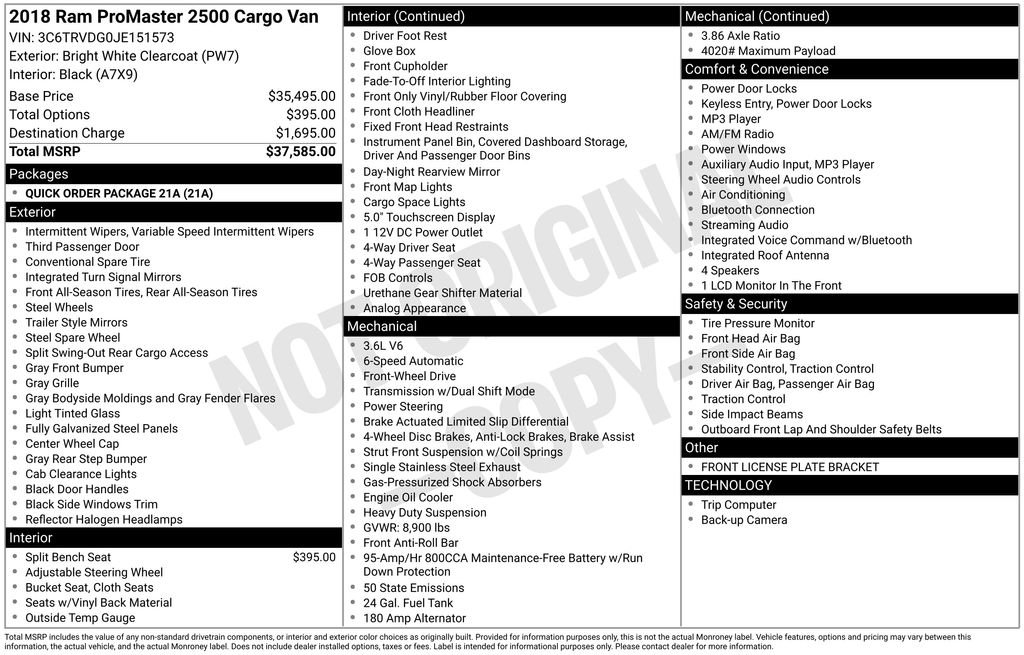 Used 2018 RAM ProMaster Cargo Van Base with VIN 3C6TRVDG0JE151573 for sale in Redlands, CA