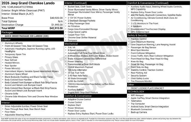 New 2026 Bright White Clear-Coat Exterior Paint Jeep Laredo image 20