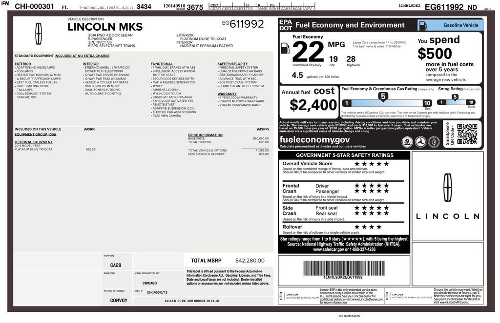 Used 2014 Lincoln MKS Base with VIN 1LNHL9DK2EG611992 for sale in New Smyrna Beach, FL