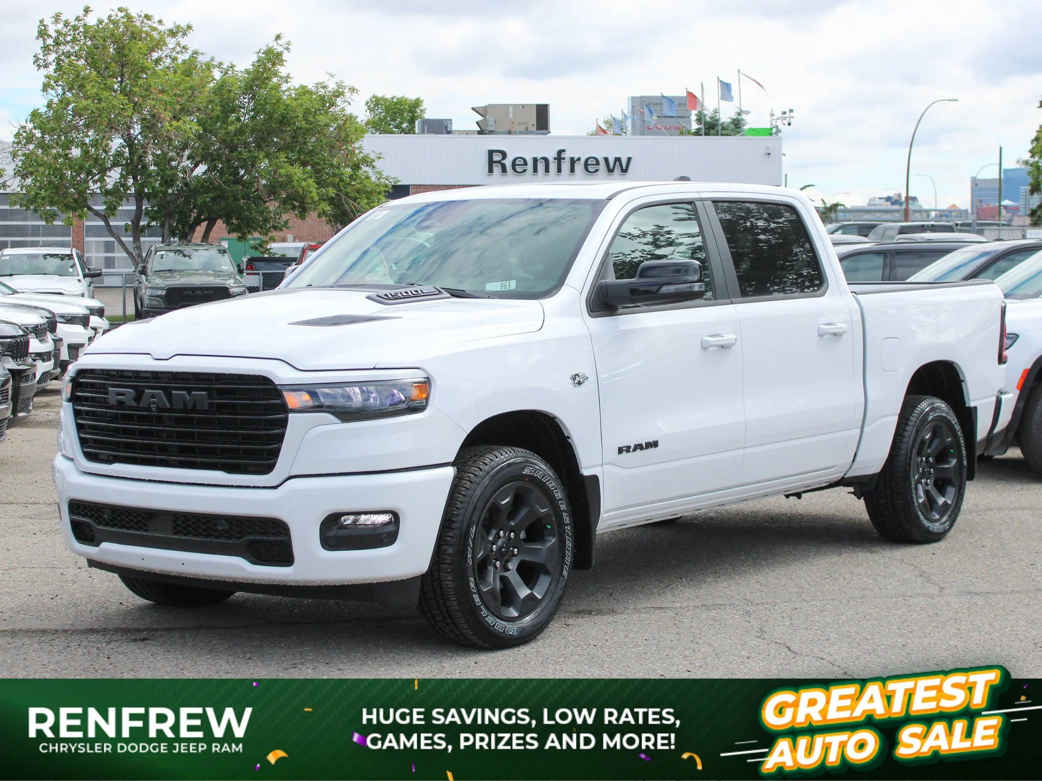 New 2026 White RAM Sport* Crew Cab 4x4, HEMI V8, Level 1 Equip Group, Passenger Screen, 3.92 Rear Axle image 1