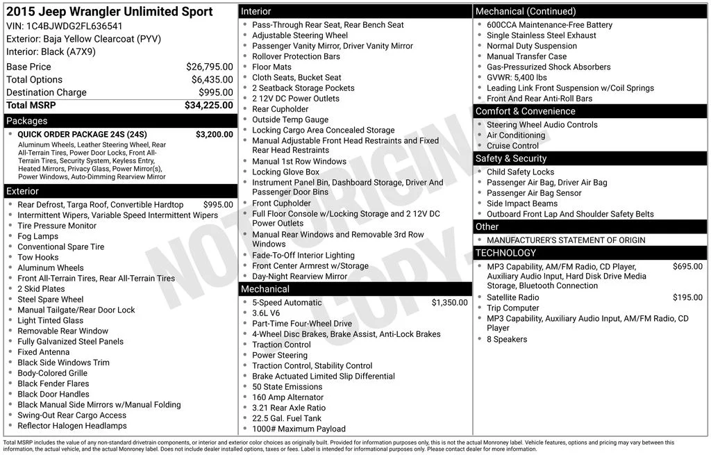 Used 2015 Yellow Jeep Unlimited Sport image 1