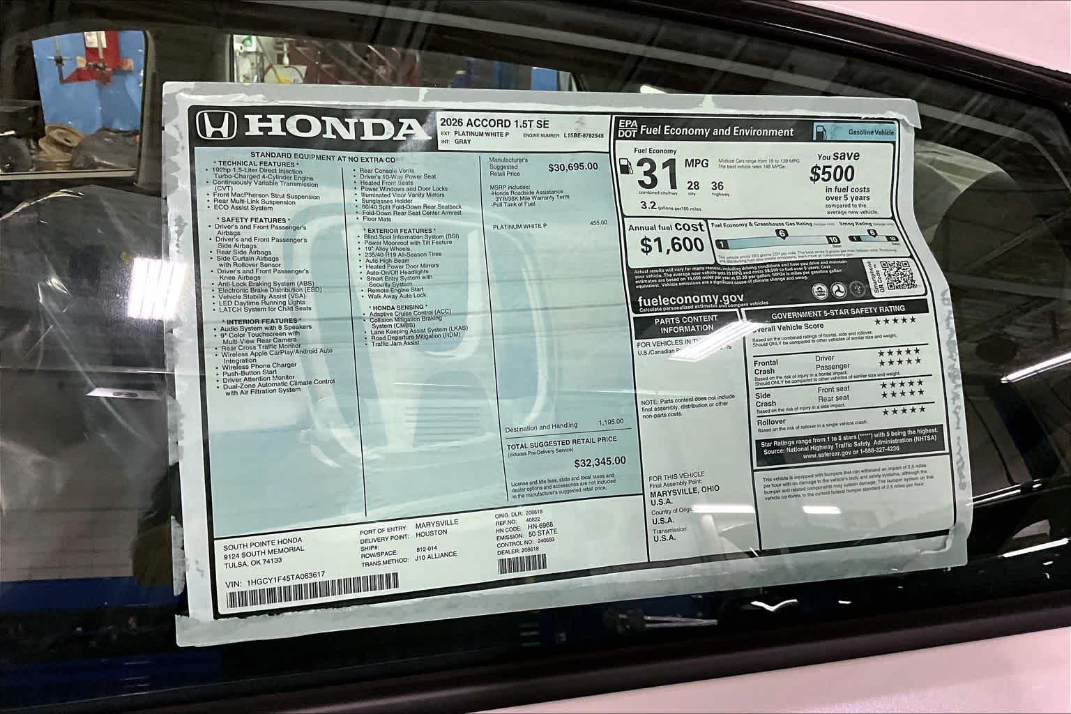 New 2026 Platinum White Pearl Honda SE image 19