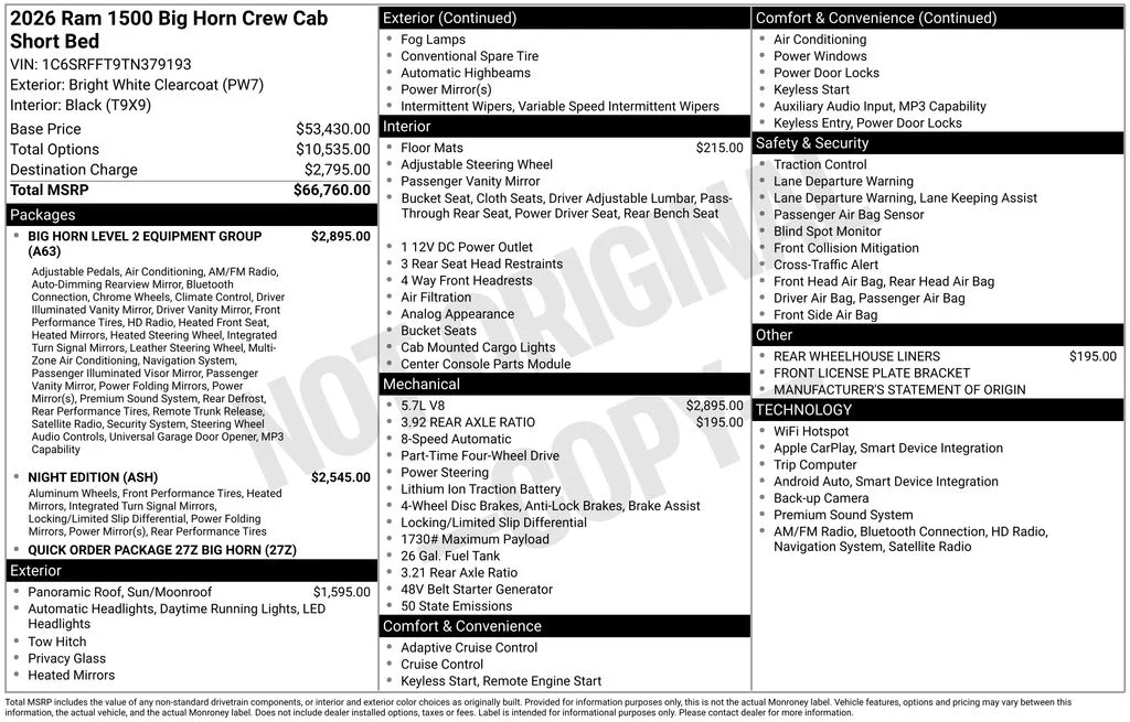 New 2026 Bright White Clear-Coat Exterior Paint RAM Big Horn/Lone Star image 5