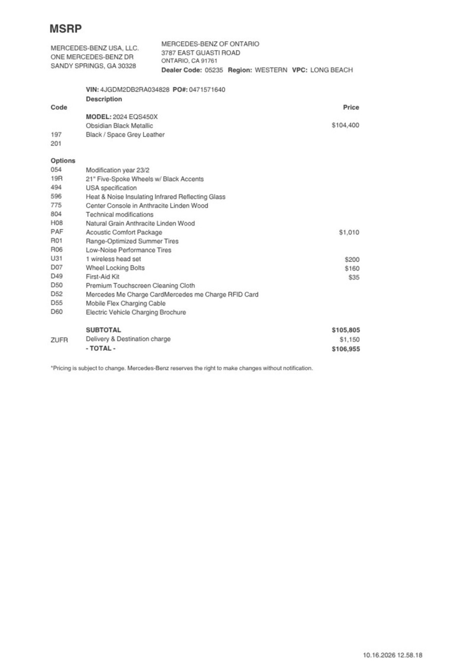 Certified 2024 Mercedes-Benz EQS SUV Base with VIN 4JGDM2DB2RA034828 for sale in Ontario, CA