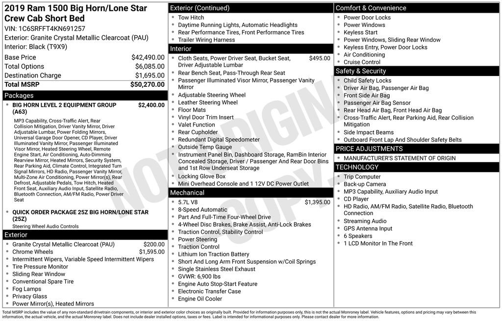 Used 2019 RAM Ram 1500 Pickup Big Horn/Lone Star with VIN 1C6SRFFT4KN691257 for sale in Elk River, Minnesota