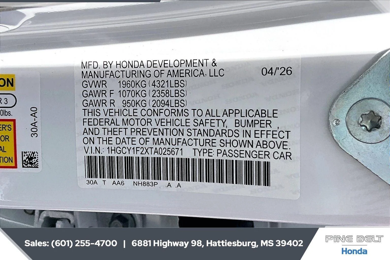 New 2026 Platinum White Pearl Honda LX image 7