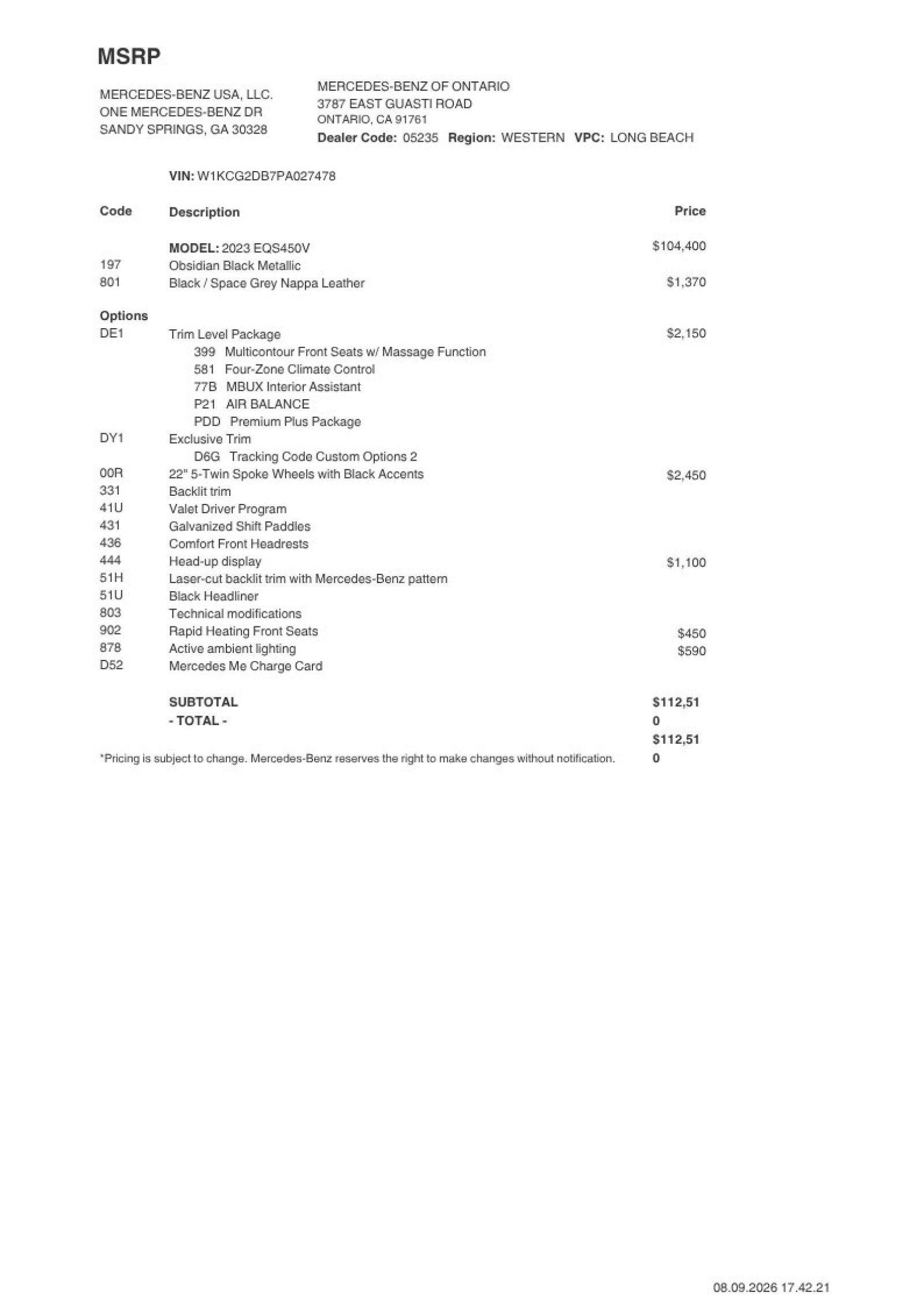 Certified 2023 Mercedes-Benz EQS Base with VIN W1KCG2DB7PA027478 for sale in Ontario, CA