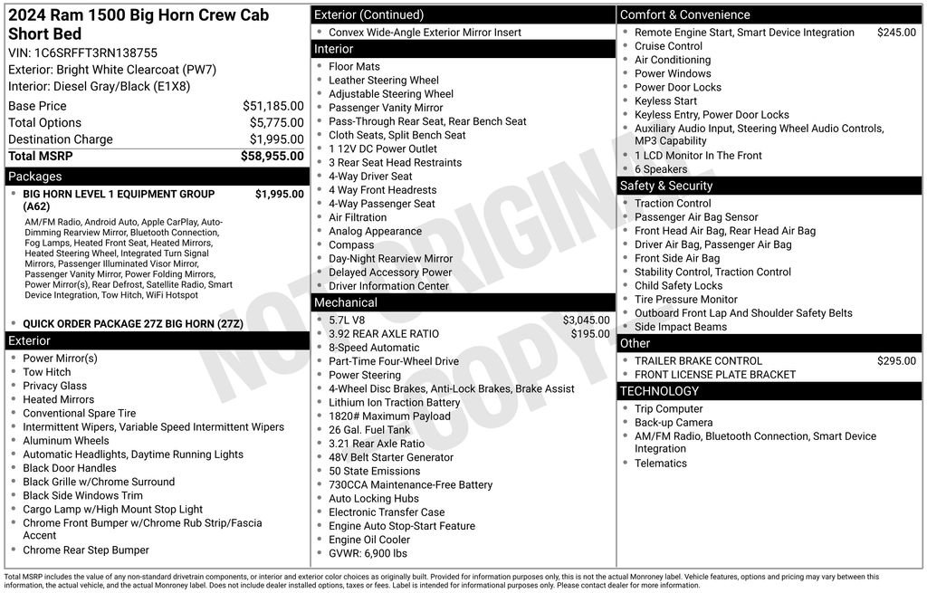 Used 2024 RAM Ram 1500 Pickup Big Horn/Lone Star with VIN 1C6SRFFT3RN138755 for sale in Elk River, Minnesota