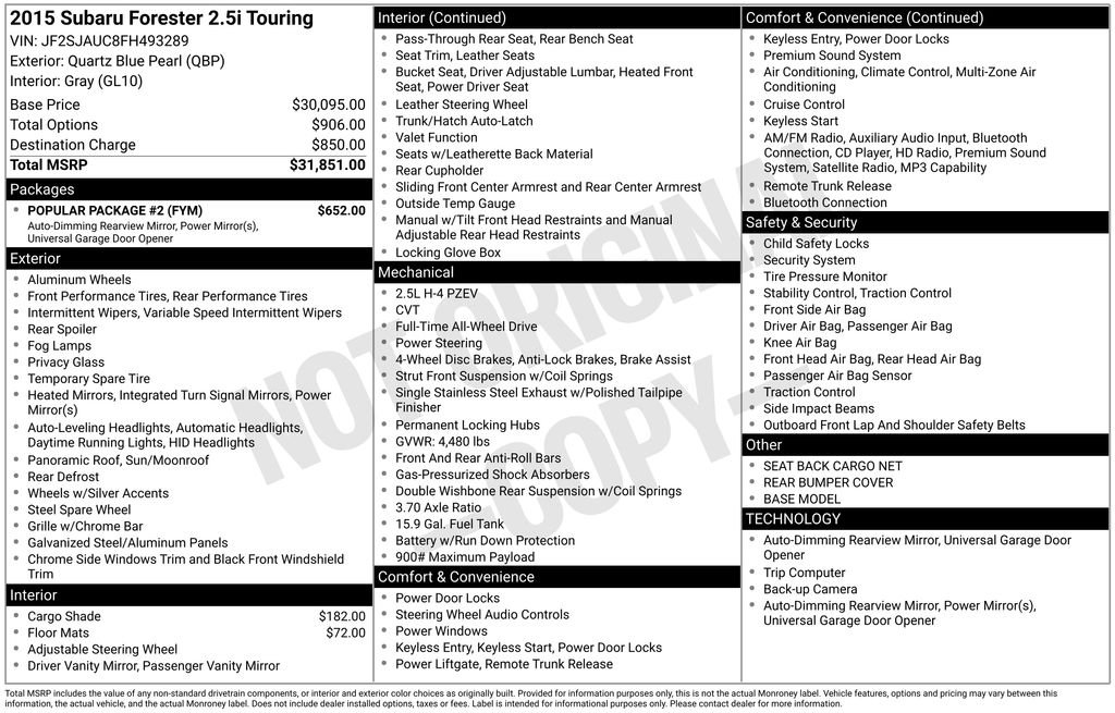 Used 2015 Subaru Forester i Touring with VIN JF2SJAUC8FH493289 for sale in Carlsbad, CA