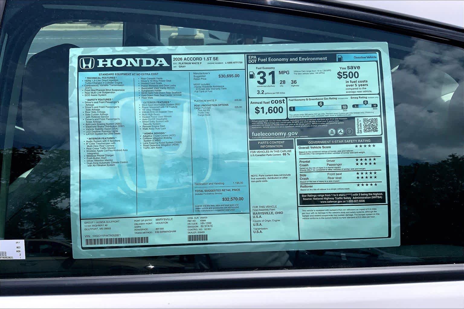 New 2026 Platinum White Pearl Honda SE image 19