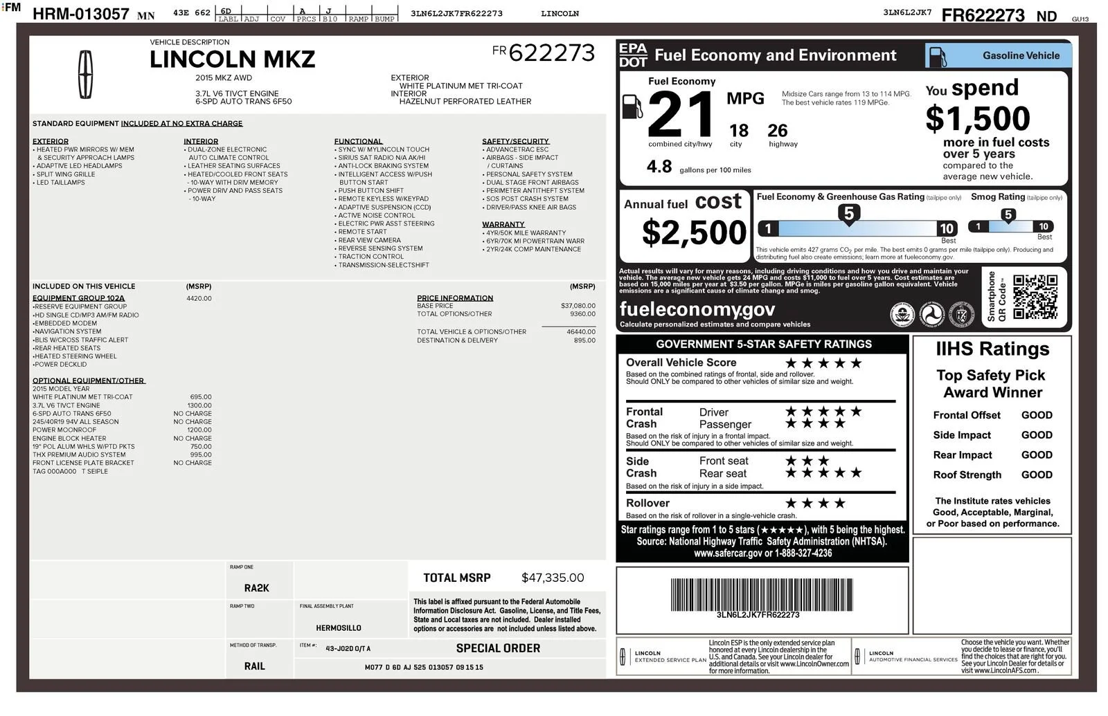 Used 2015 Lincoln MKZ Base with VIN 3LN6L2JK7FR622273 for sale in Baxter, MN