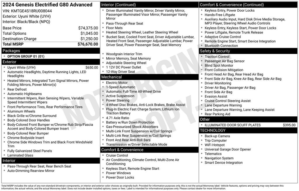 Used 2024 GENESIS Electrified G80 Base with VIN KMTGE4S18RU008044 for sale in Highland Park, IL