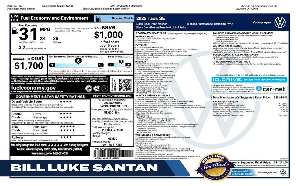 Certified Used 2025 Black Volkswagen 1.5T SE image 1