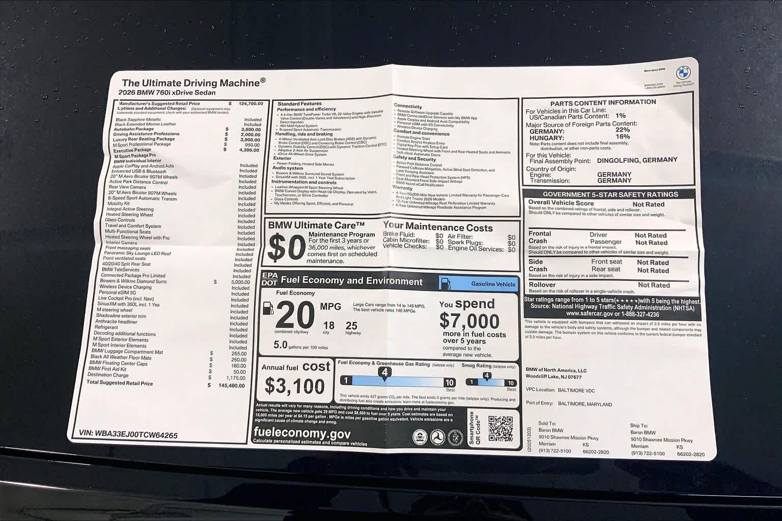 Used 2026 Black Sapphire Metallic BMW 760i xDrive image 21