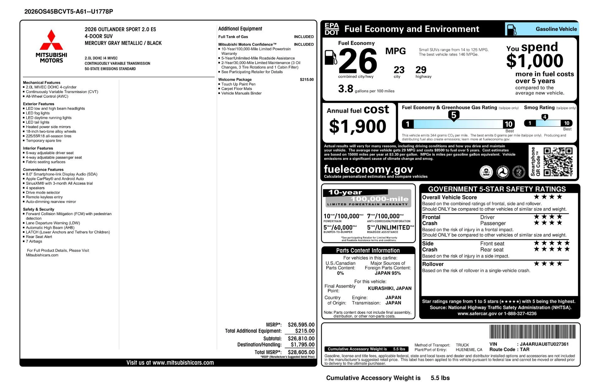 New 2026 Mercury Gray Metallic Mitsubishi ES image 11