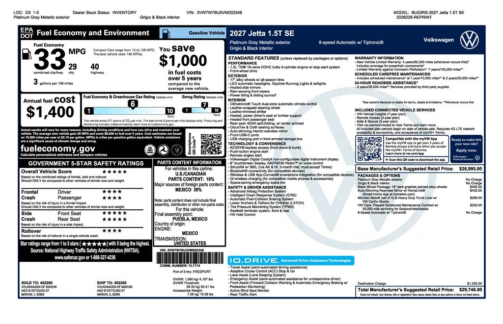 New 2027 Gray Volkswagen 1.5T SE image 1
