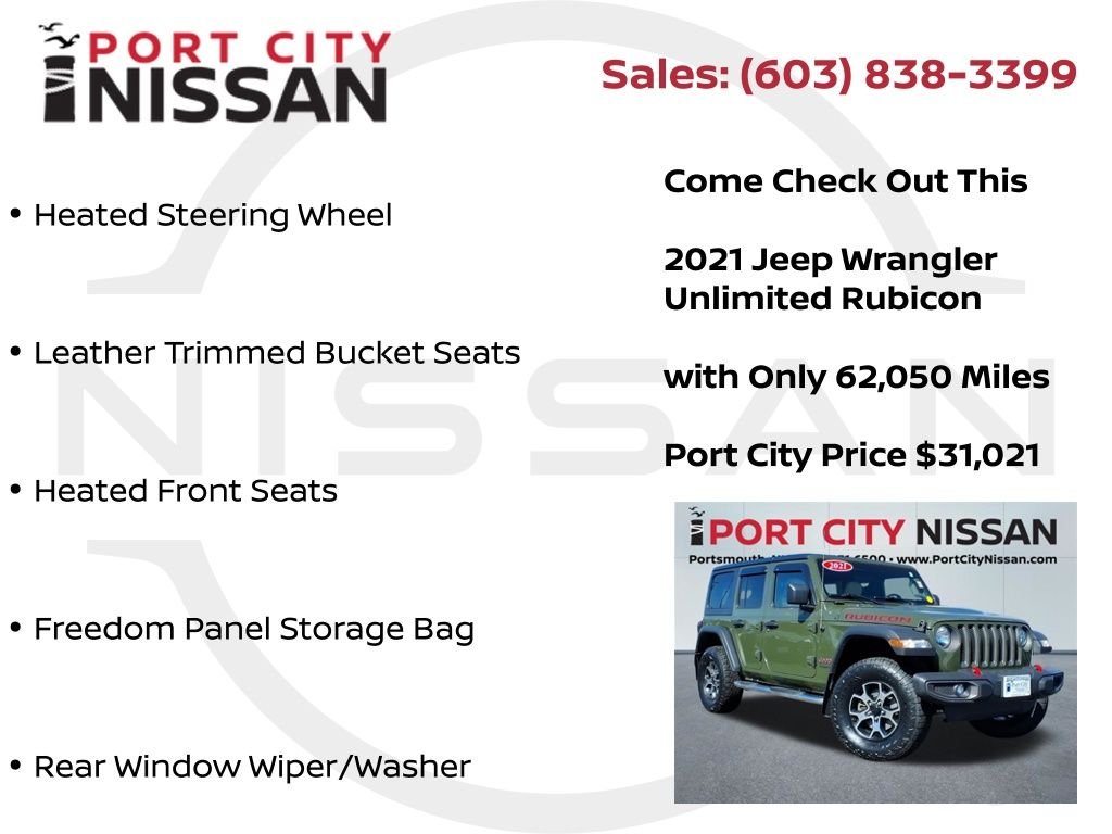 Used 2021 Sarge Green Clearcoat Jeep Unlimited Rubicon w/cold weather pkg, safety group & hard top image 27