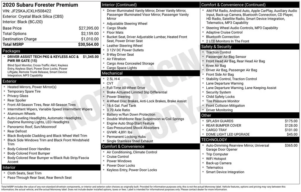 Used 2020 Black Subaru Premium image 1