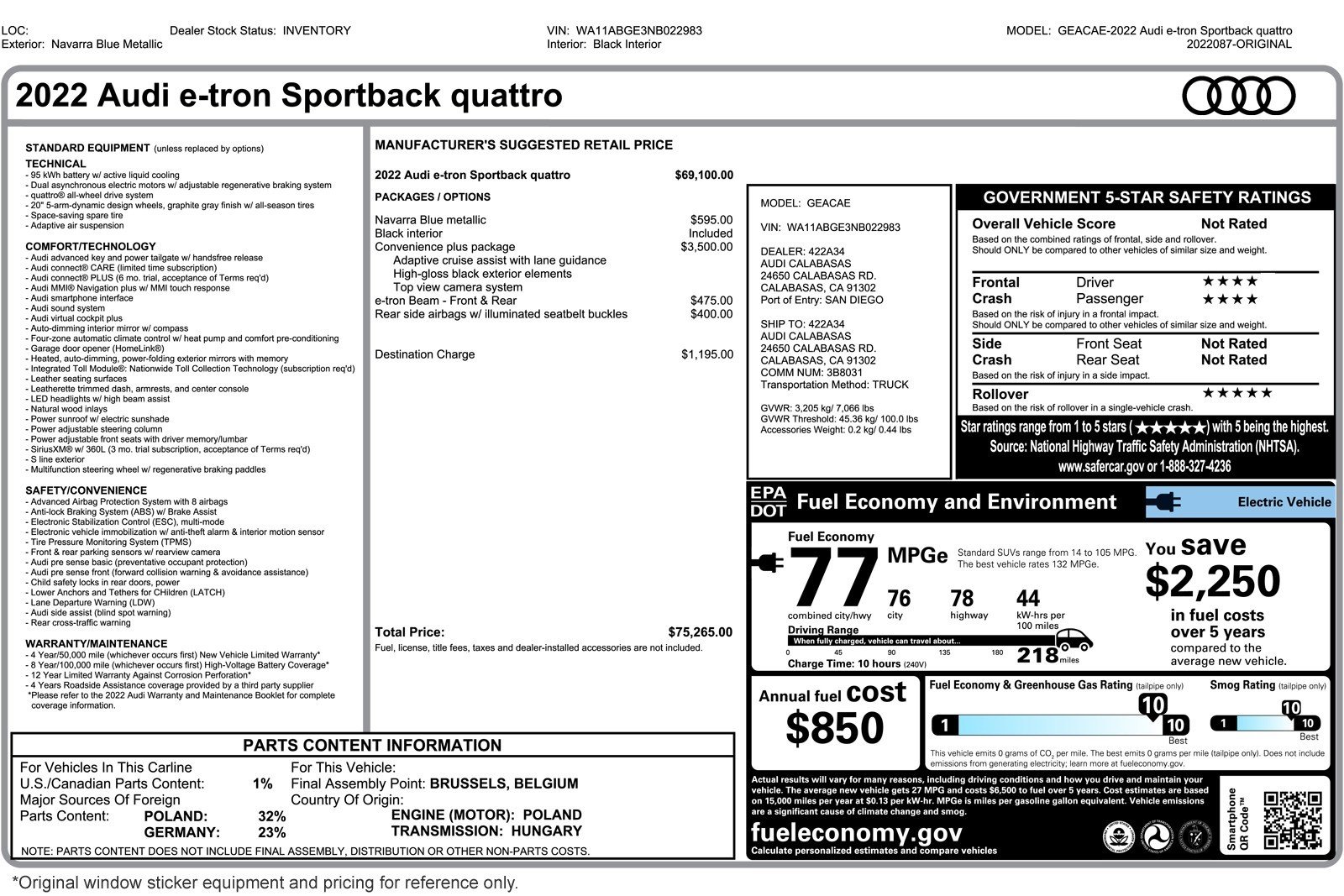 Used 2022 Audi e-tron Sportback Premium with VIN WA11ABGE3NB022983 for sale in Costa Mesa, CA