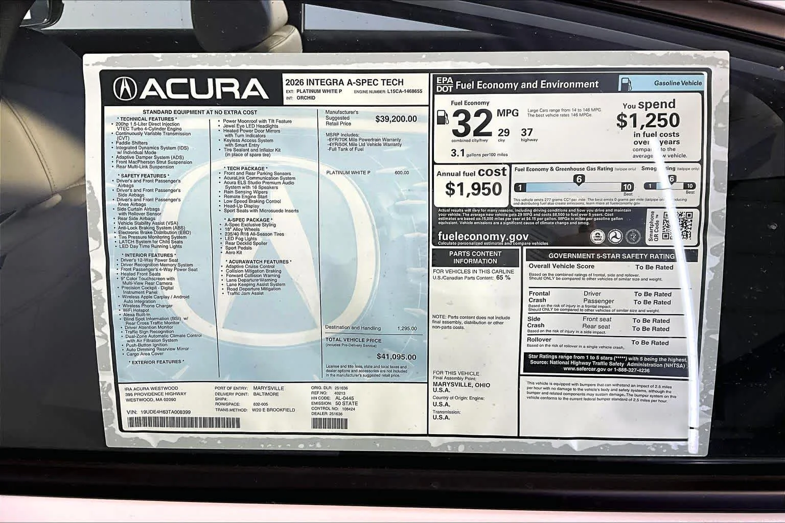 New 2026 Platinum White Pearl Acura With A-Spec Technology Package image 19