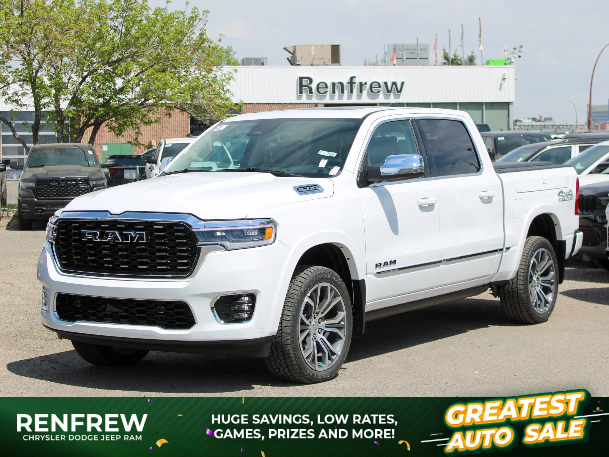 New 2026 White RAM Tungsten* Crew Cab 4x4, RamBox, Klipsch Audio, Massage Seats, 540 HP image 1