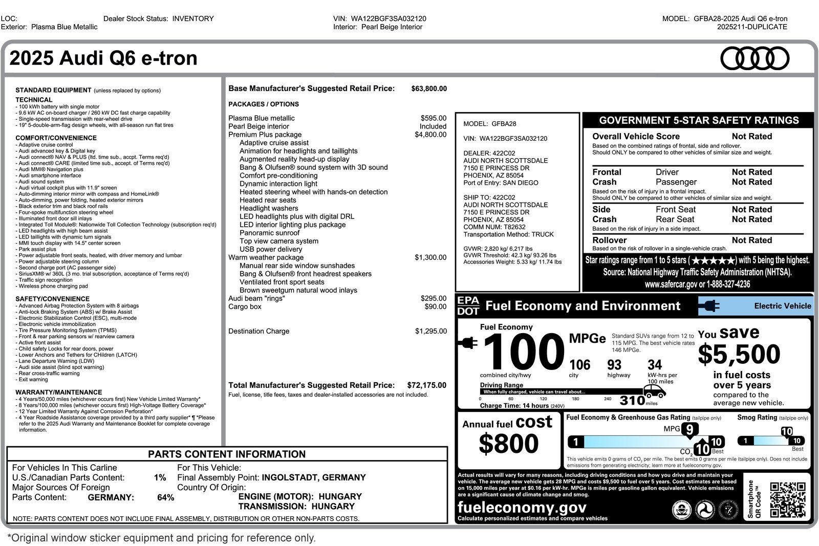 Used 2025 Audi Q6 e-tron Premium Plus with VIN WA122BGF3SA032120 for sale in Costa Mesa, CA