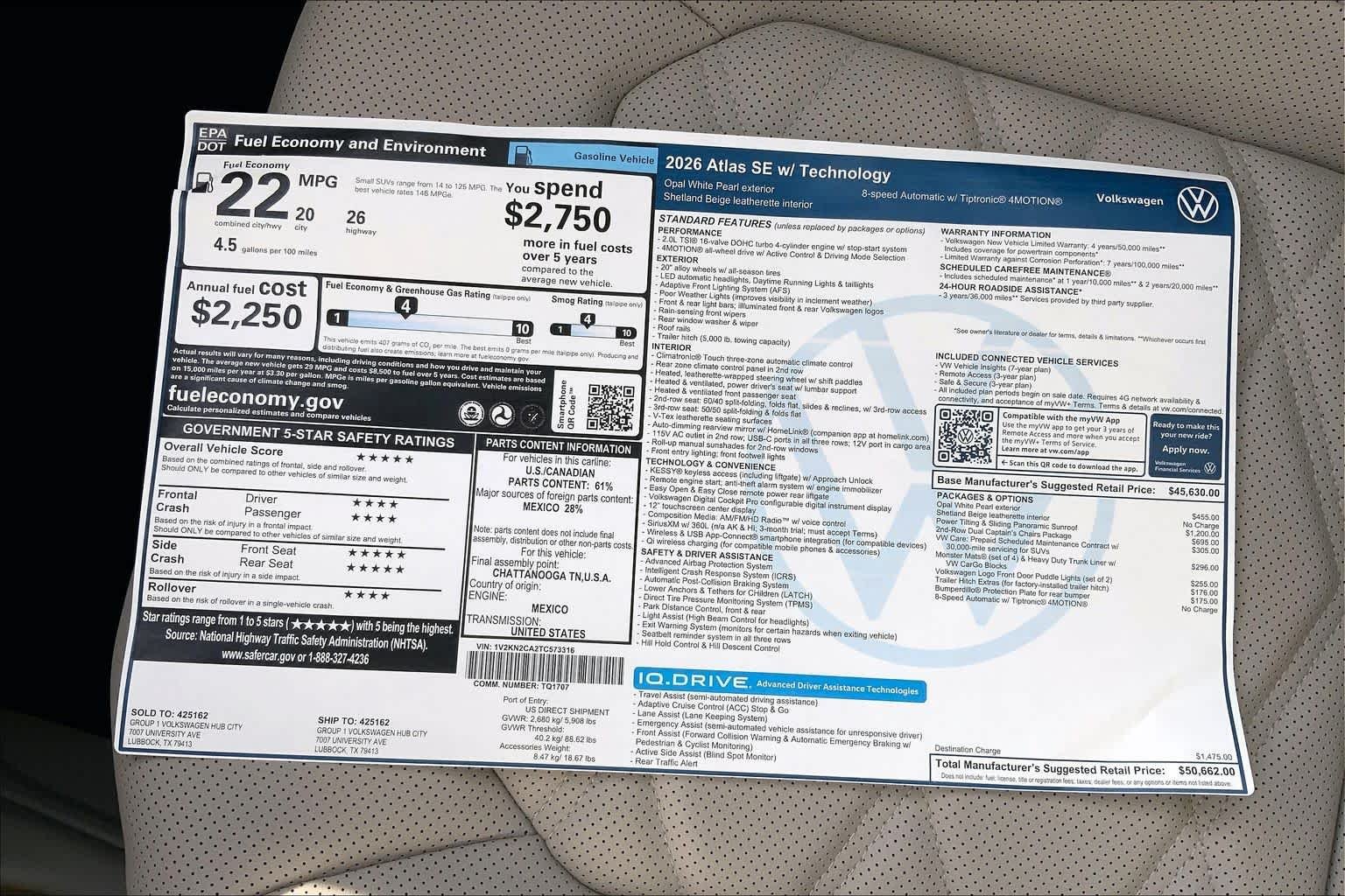 New 2026 Opal White Pearl Volkswagen 2.0T SE w/Technology image 22
