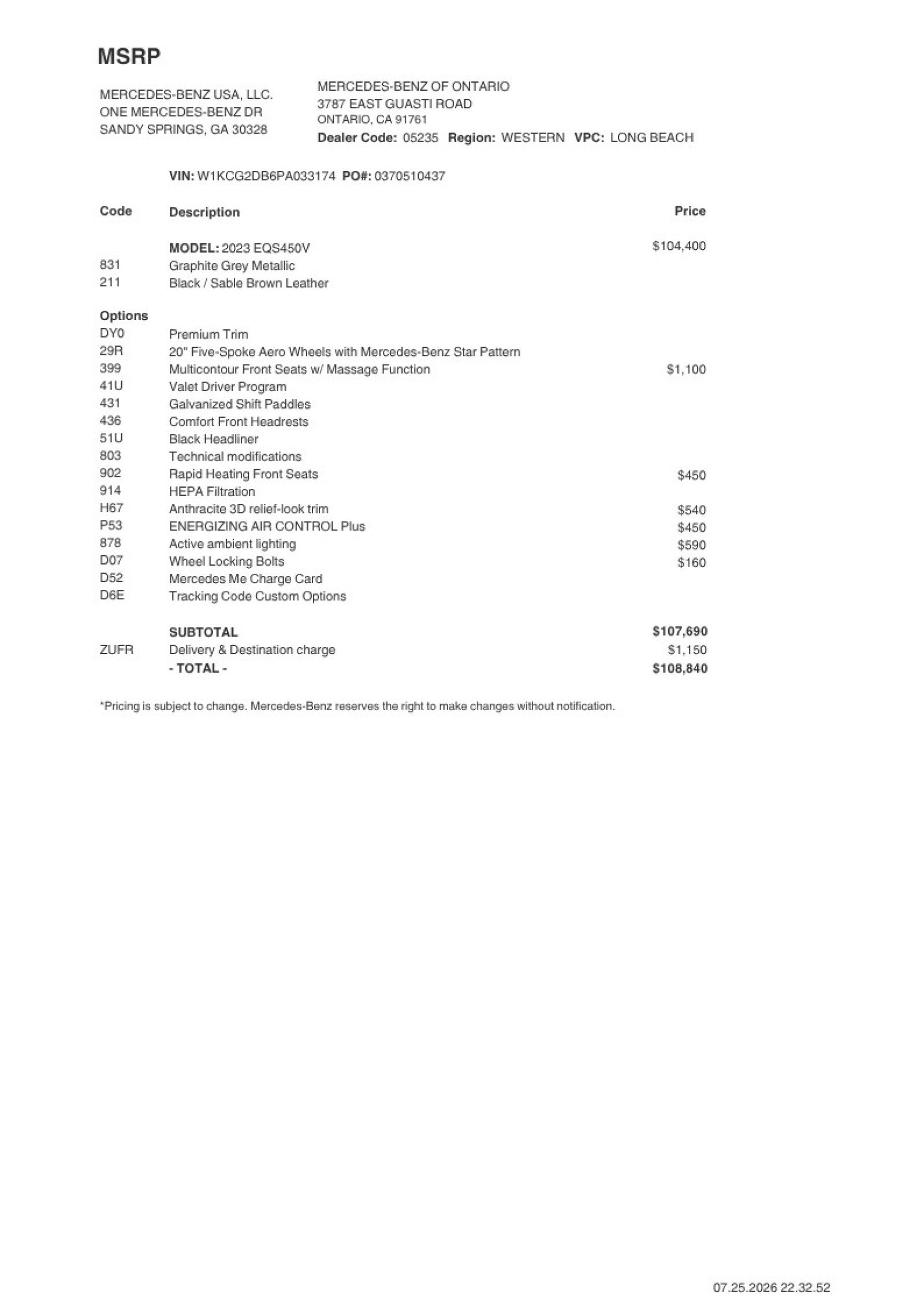 Certified 2023 Mercedes-Benz EQS Base with VIN W1KCG2DB6PA033174 for sale in Ontario, CA