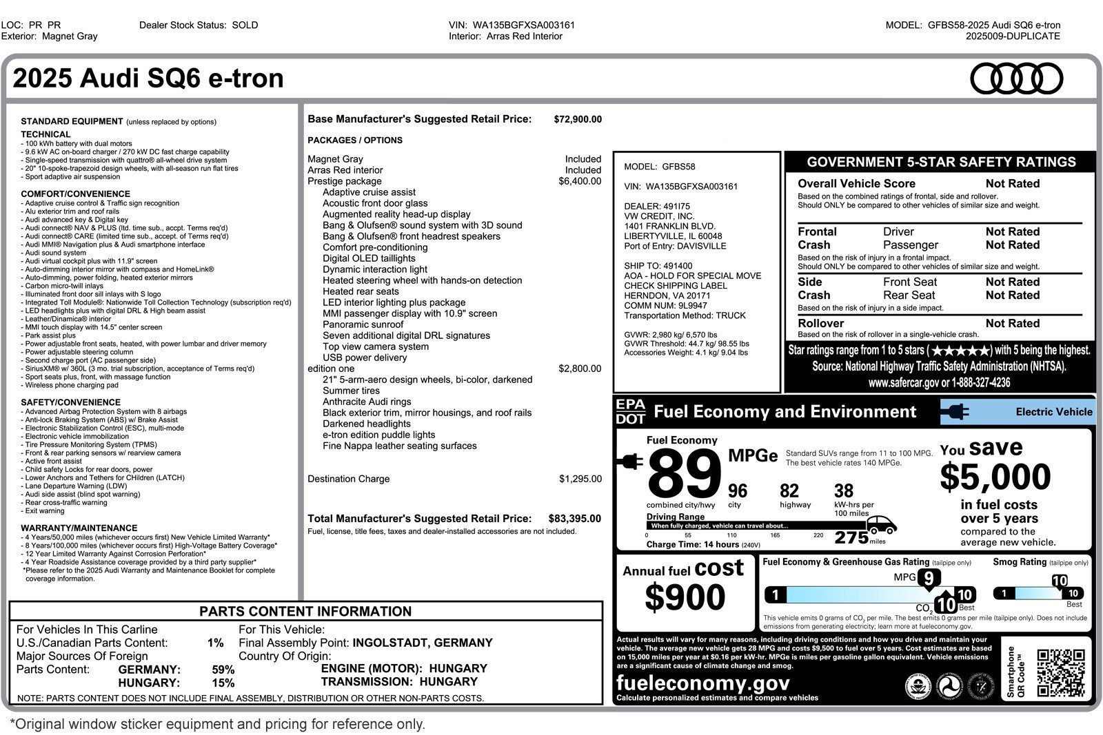 Used 2025 Audi SQ6 e-tron Prestige with VIN WA135BGFXSA003161 for sale in Costa Mesa, CA