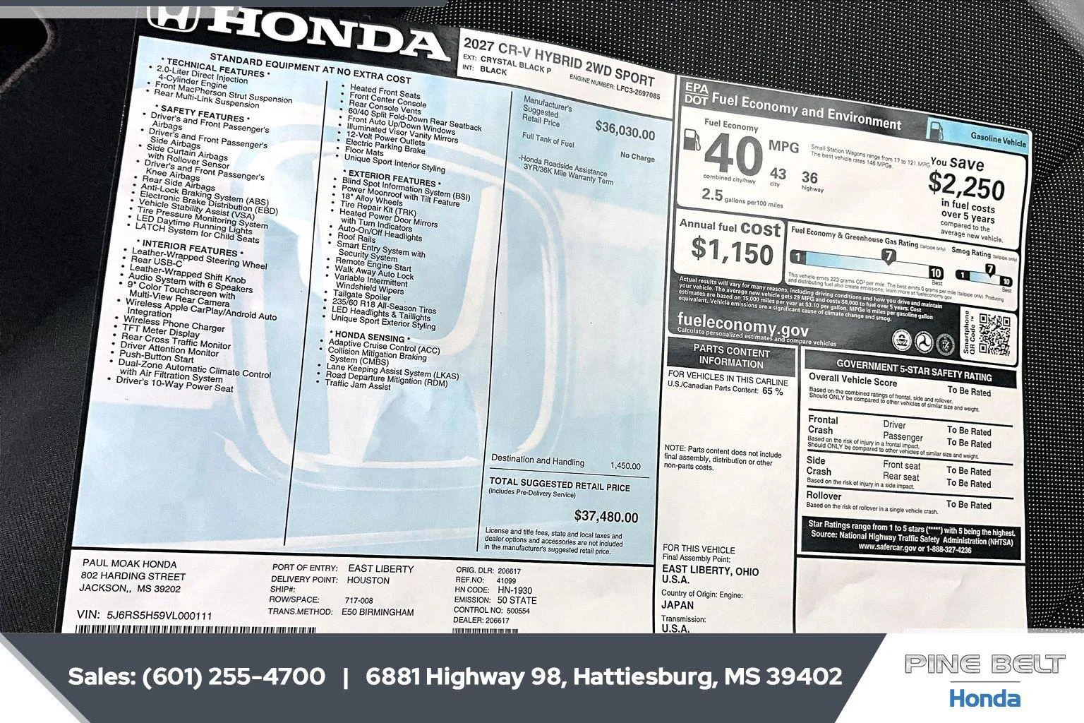 New 2027 Crystal Black Pearl Honda Sport image 12