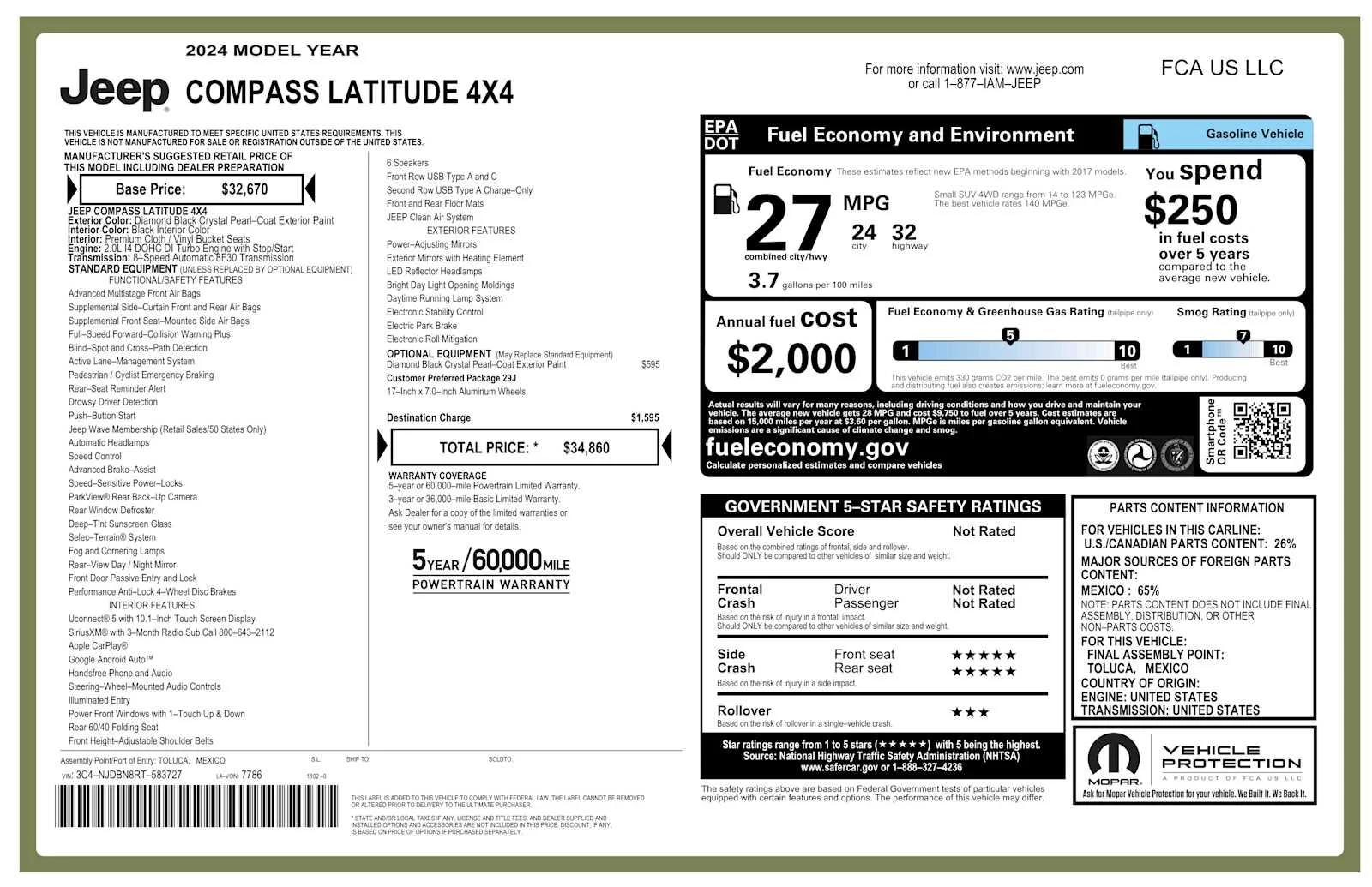 Used 2024 Diamond Black Crystal Pearlcoat Jeep Latitude image 2