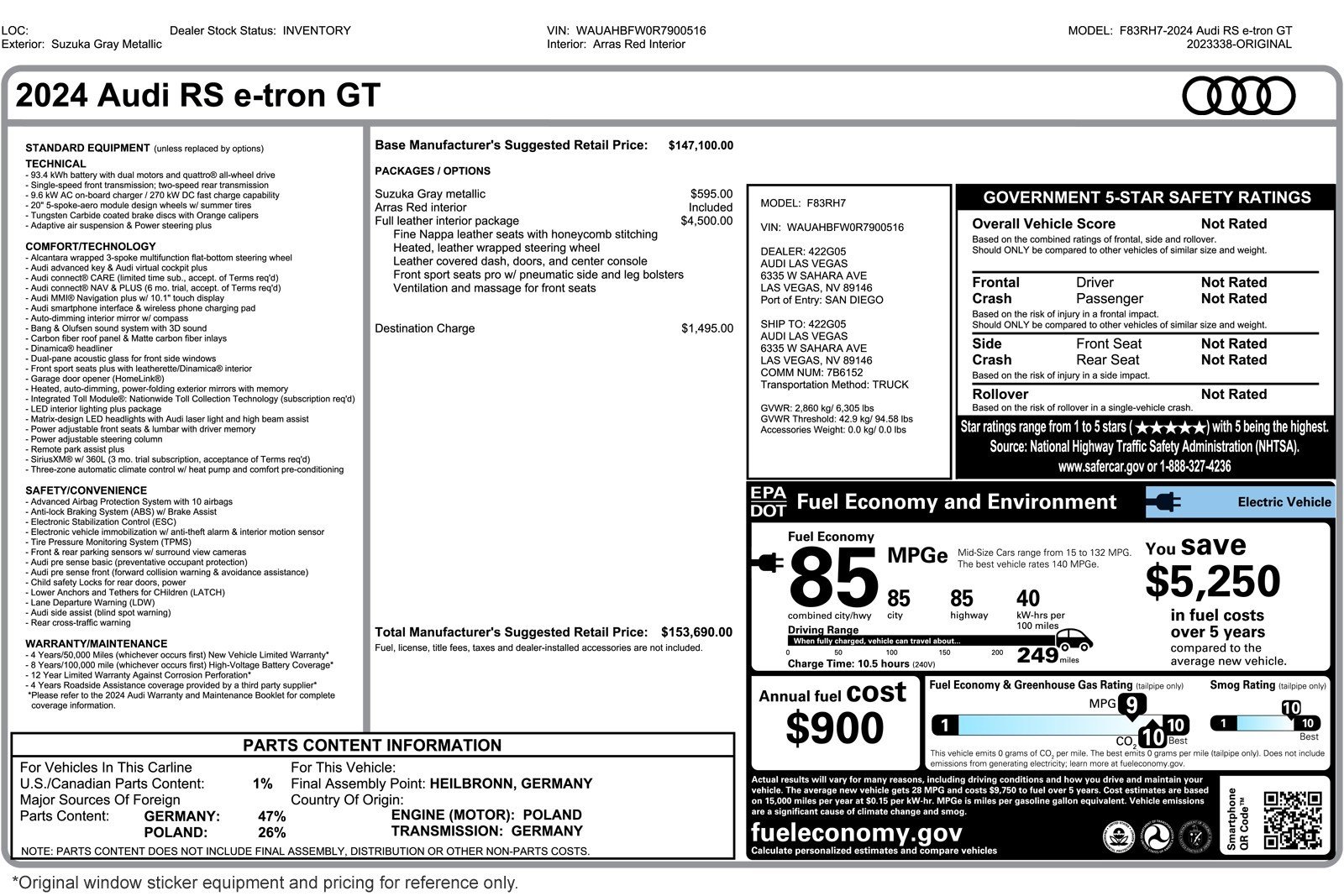 Used 2024 Audi RS e-tron GT Base with VIN WAUAHBFW0R7900516 for sale in Costa Mesa, CA