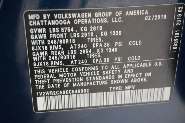 Used 2019 Tourmaline Blue Metallic Volkswagen 3.6L V6 SE w/Technology image 40